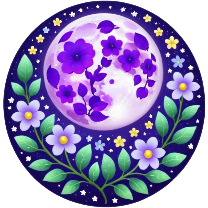 Beautiful poetic ethereal romantic magical aesthetic sparkly glittery shiny pretty floating pastel lilac lavender Violet full moon and flowers and leaves aesthetic deco emoji