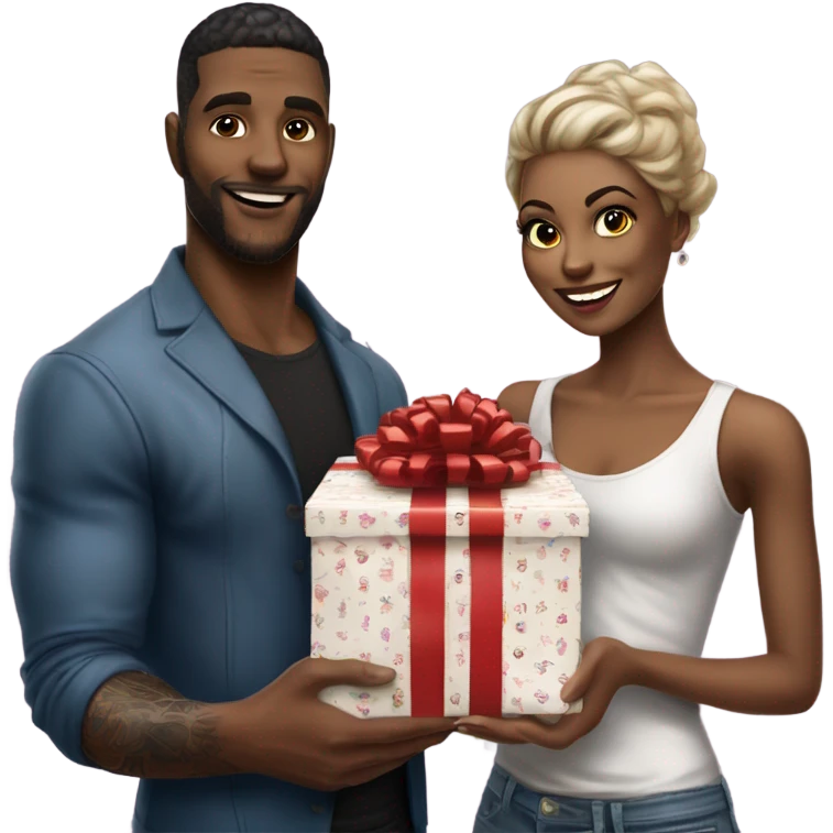 Hyper Realistic beautiful woman receiving a gift and a box of chocolates from a handsome tattooed man  emoji