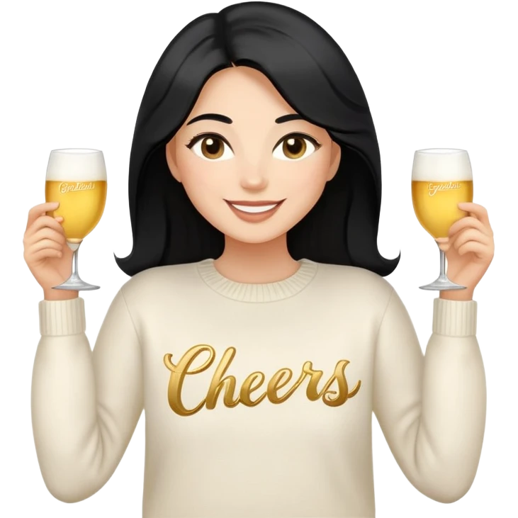 A woman with longer black hair, light to medium skin tone, full cheeks, and almond-shaped eyes, wearing a simple white sweater with the word 'cheers' in gold script, joyful and radiant expression, cheerful, emoji style, just her torso, no hands. emoji