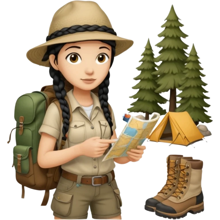 A braid black hair backpacking woman checking her map with curious eyes while walking with camping hat and dirt covered bootsfull body emoji