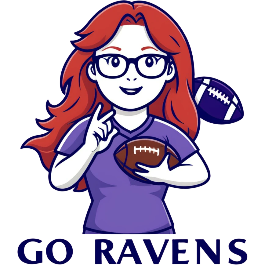 Make a sticker of a 50 year-old with glasses attractive woman throwing a football. She has long red hair and she’s saying go ravens emoji
