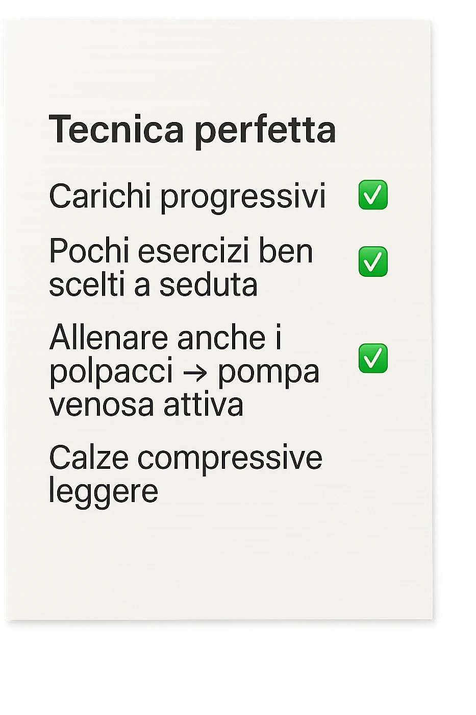 FOGLIO DI CARTA PER L'ALLENAMENTO IN PALESTRA CON LA SCRITTA "Tecnica perfetta
 ✅ Carichi progressivi
 ✅ Pochi esercizi ben scelti a seduta
 ✅ Allenare anche i polpacci → pompa venosa attiva
 ✅ Calze compressive leggere" , IPERREALISTICA 4K emoji