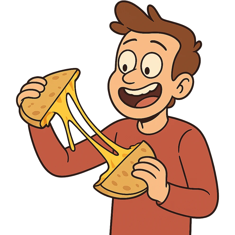quesadilla, cartoon style, cheese stretching, fun expression emoji