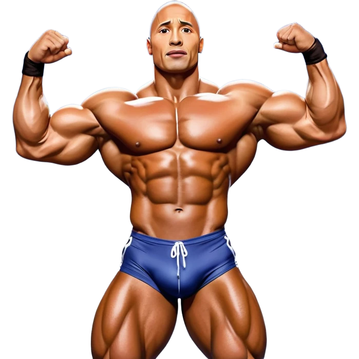 Dwayne 'The Rock' Johnson on stage at the Mr. Universe bodybuilding competition, covered in oil, flexing his powerful muscles. His physique shines under bright stage lights, showcasing his strength and dedication. The audience and judges are blurred in the background. Transparent background. emoji