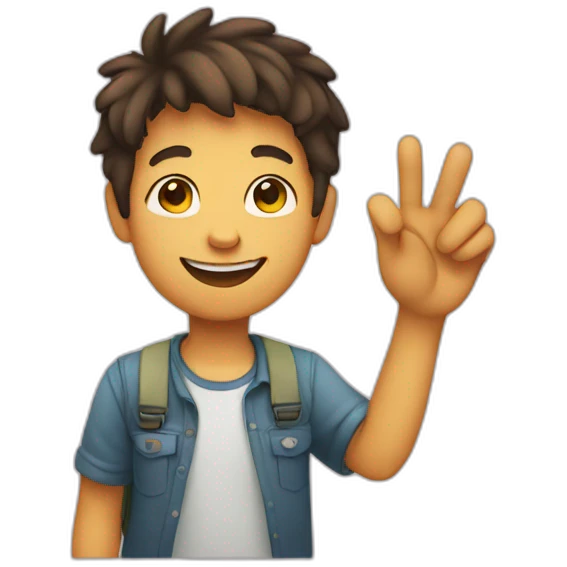 Boy smiling holding a hi sign emoji