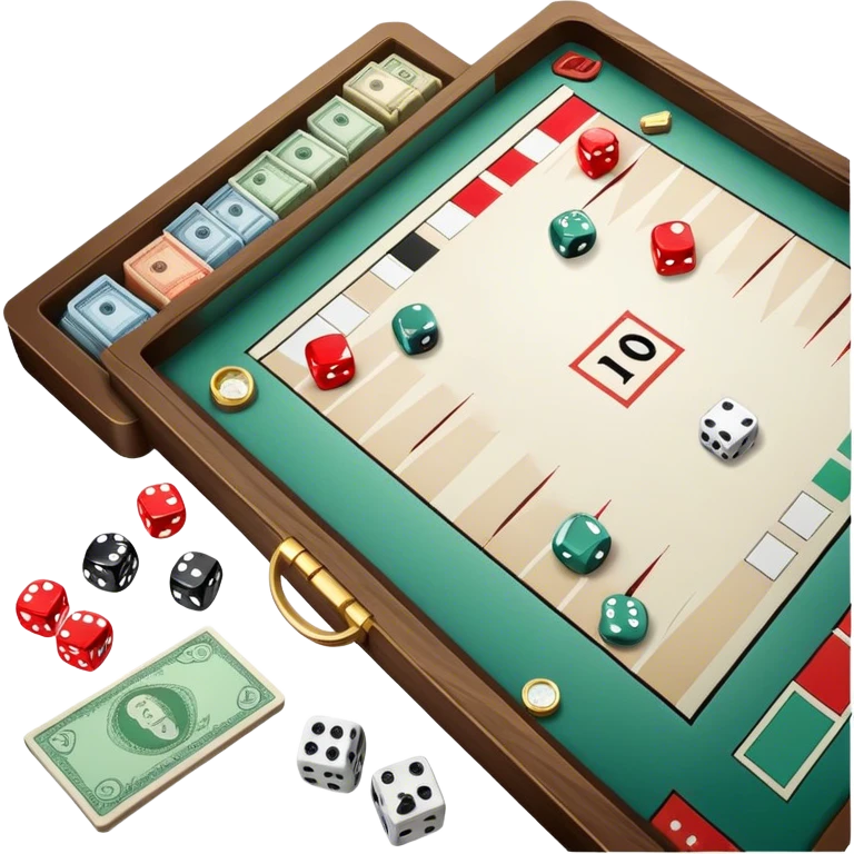 A photorealistic icon featuring a backgammon board with dice, a Monopoly board with money and property cards and a Game of Life spinner. The design captures the detailed textures of the boards, pieces, and accessories. Transparent background. emoji