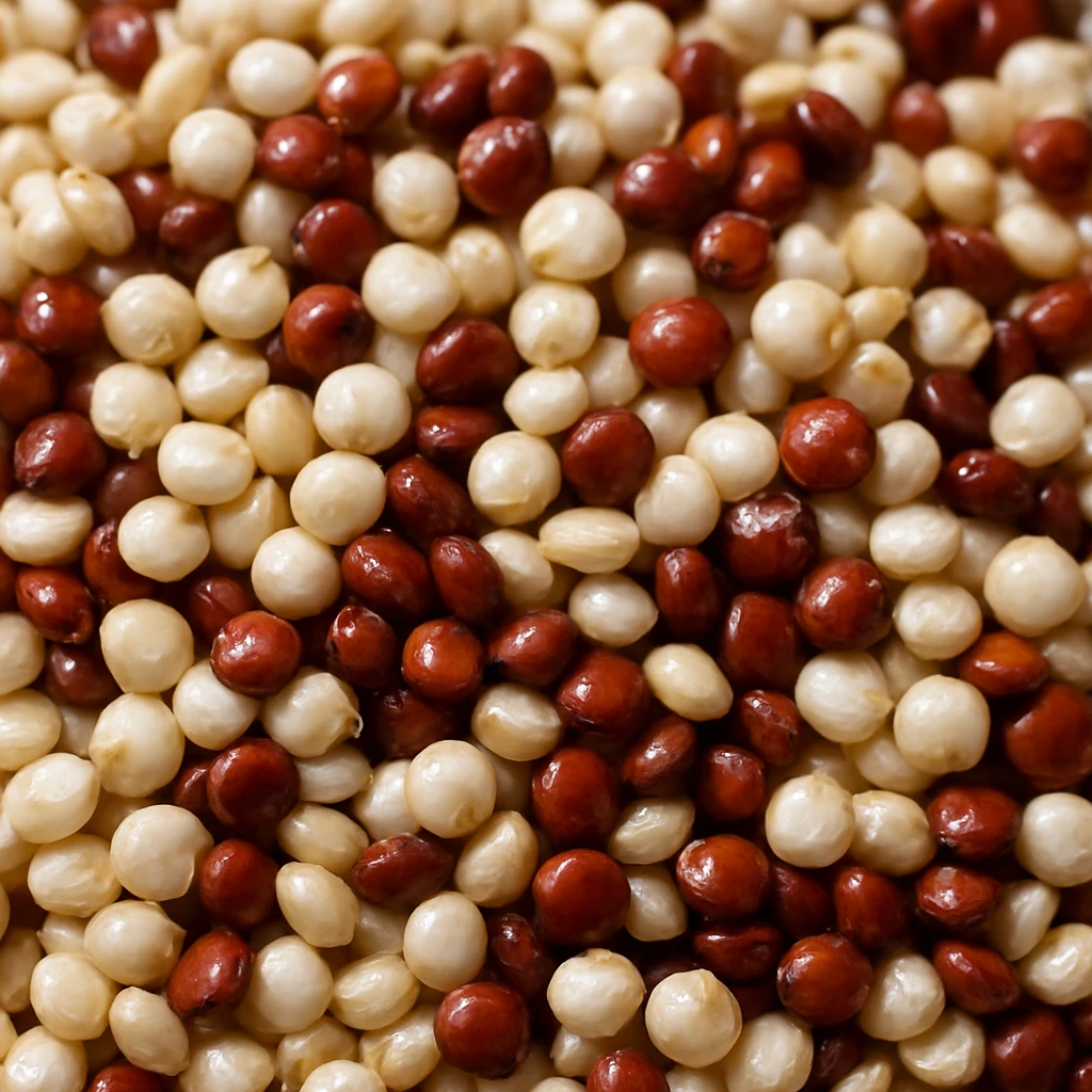 realistic close-up photo of shiny white and red quinoa seeds emoji