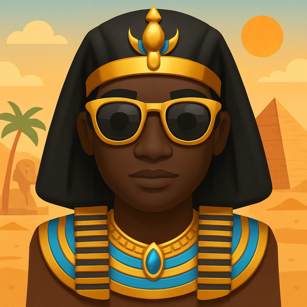 Add an Egyptian background behind the pharaoh with sunglasses and black skin, maintaining the emoji style look. emoji