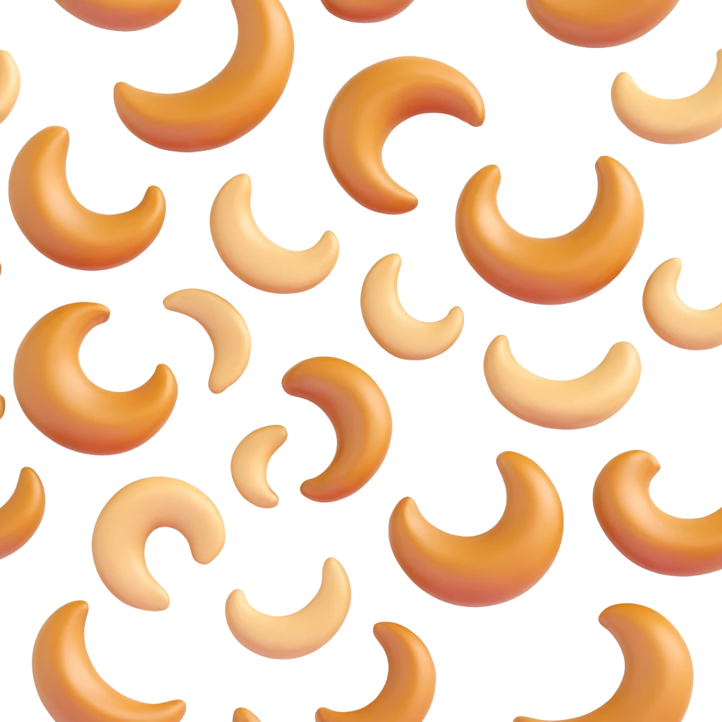 Clean 3D emoji-style illustration of several cashew nuts, curved crescent-shaped, smooth slightly wrinkled beige surface, glossy roasted look, pure white background emoji