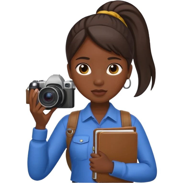 journalist dark skin woman ponytail holding camera and notebook emoji