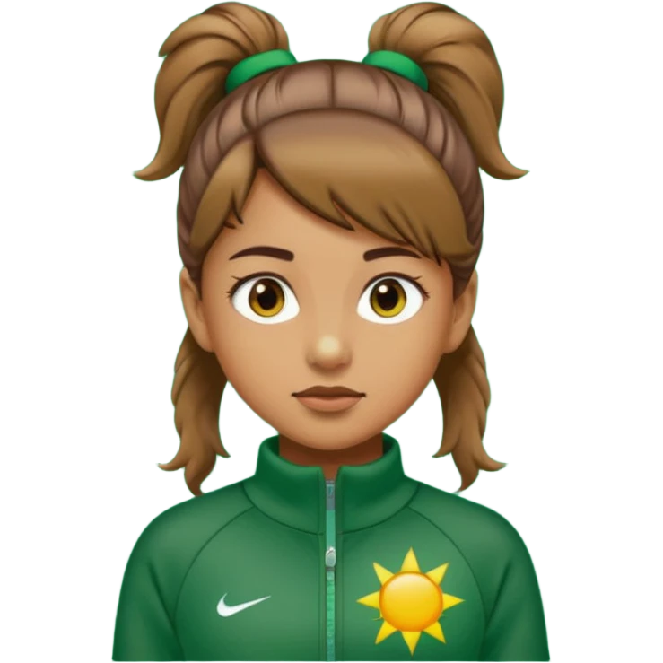 ​"A high-resolution mosaic of a girl with determined eyes and a high brown ponytail, meticulously crafted from thousands of tiny emojis."
​"The art captures her forest-green tracksuit and a sun-drenched, blurred background using creative emoji shading." emoji