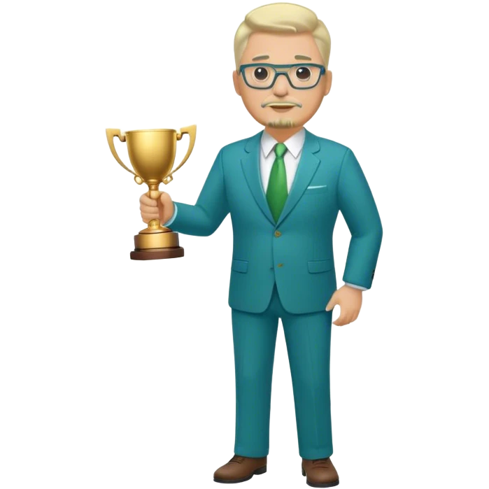 Full Body white middle aged male plus size wearing glasses with a goatee with light blonde and gray very short hair basketball head Coach in blue and green suit holding trophy emoji