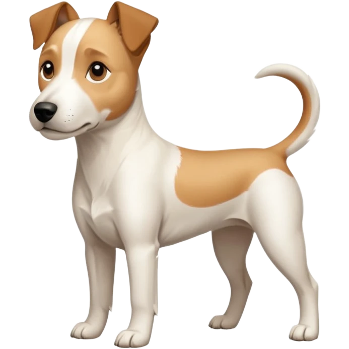 a full body facing front on of a buff white parson russell terrier looking dog the size of a kelpie with light brown long ears resting on its face and a light brown patch on one eye and a large snout. the rest of the dog is completely white.  emoji
