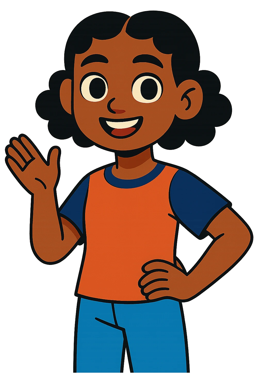 colorful cartoon of a brown-skinned girl with short black curly hair parted in the middle, brown eyes emoji