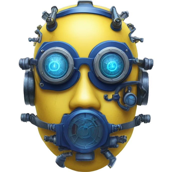 Yellow cyborg head with dark blue steampunk goggles and circuitry emoji