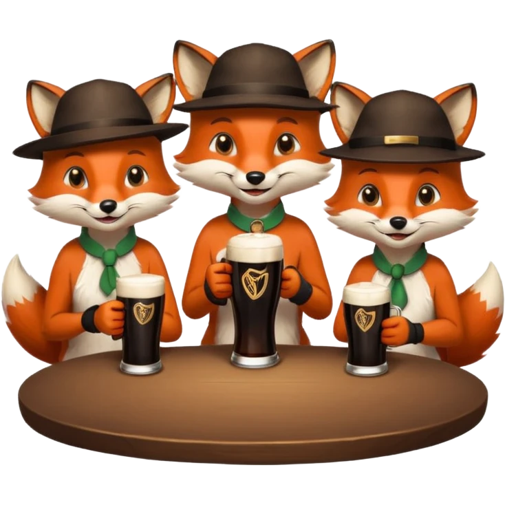 Three foxes sitting at a round table drinking Guinness emoji
