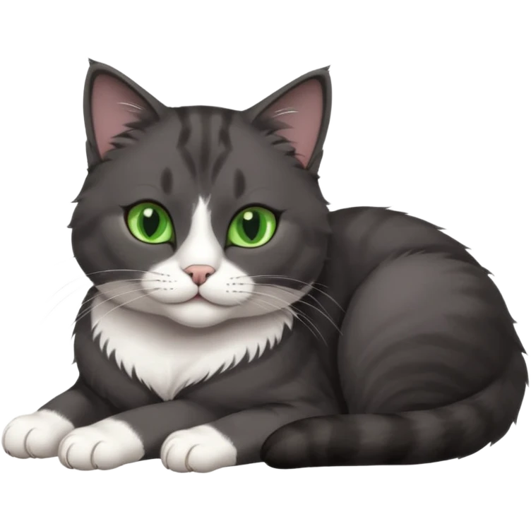 beautiful female solid dark grey cat with green eyes, white toes/paws and white patch on her chest lying down emoji