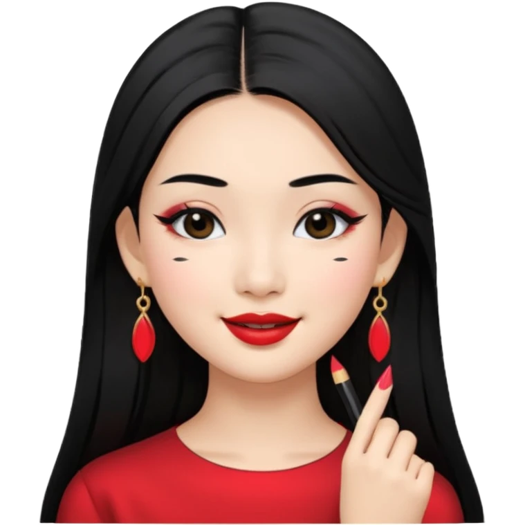 A Asian girl with fare skin and earrings, long straight black hair that is covering her checks with black eyes, smiling with a open wings eyeliner emoji