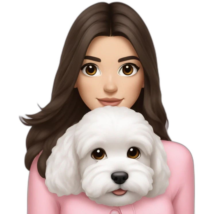 brunette Kendall Jenner with long hair holding on the hands white maltipoo wear on pink collar emoji