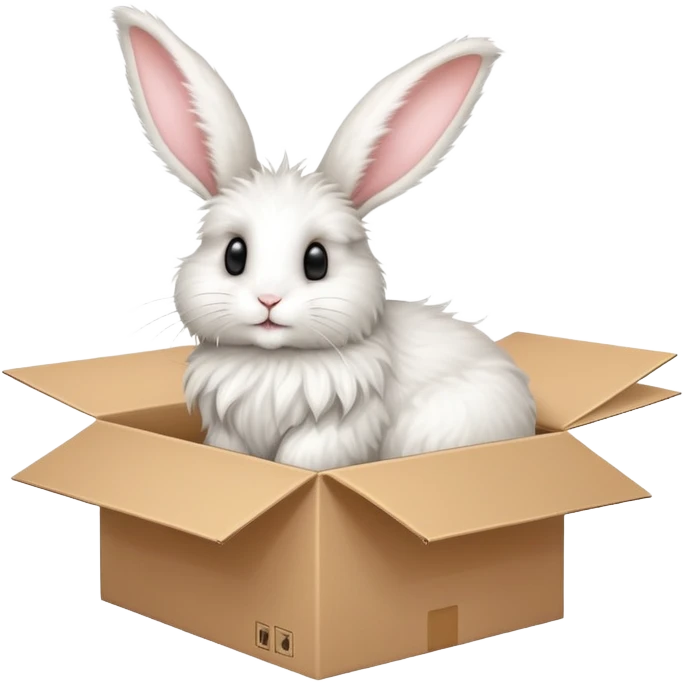  A very cute young Angora long rabbit  with one's head tilted to one side poked its paws out of the cardboard big box and placed them on top of it emoji