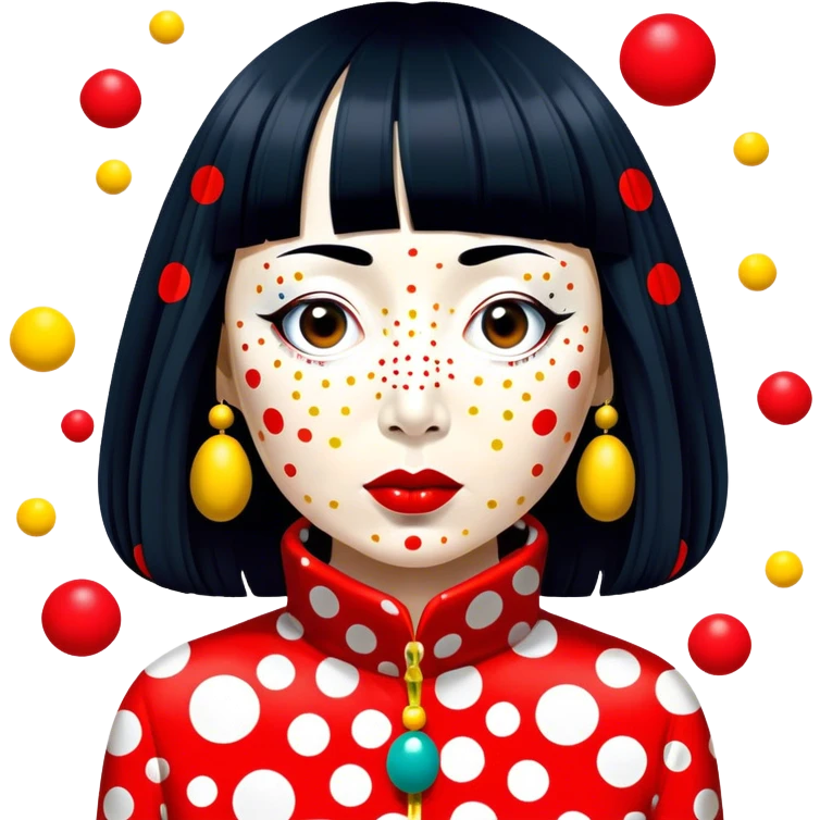 Yayoi Kusama – Cinematic Realistic Portrait of old Japanese artist Yayoi Kusama, depicted as an avant-garde artist with an eccentric, captivating expression surrounded by her iconic polka dot patterns, rendered with vivid textures and imaginative lighting that evokes her unique, surreal creative world. emoji