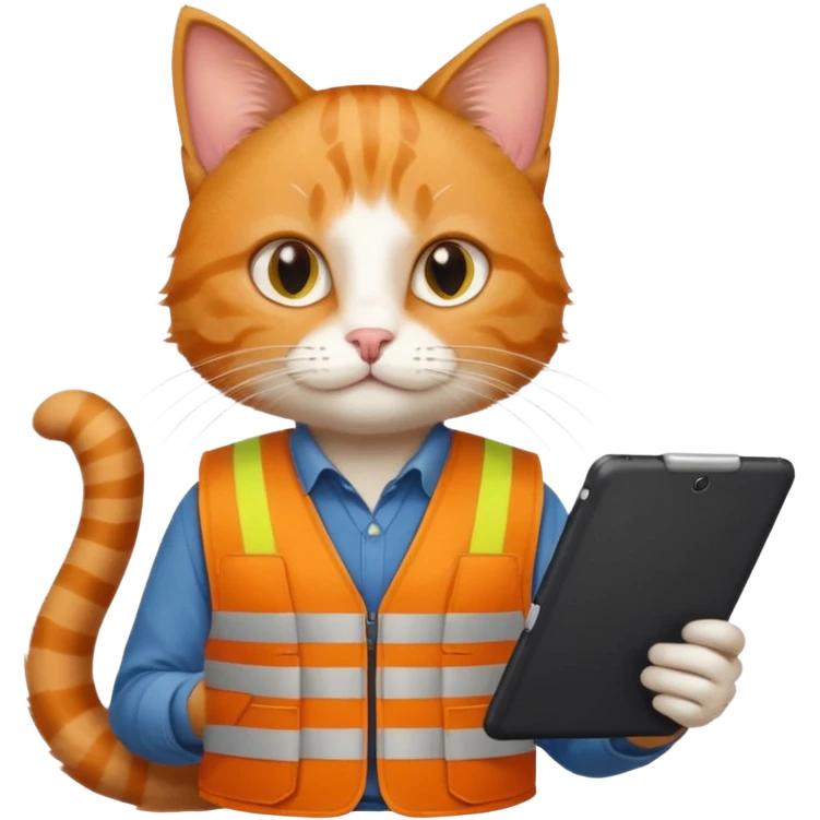 worker cat wearing orange west holding a tablet emoji