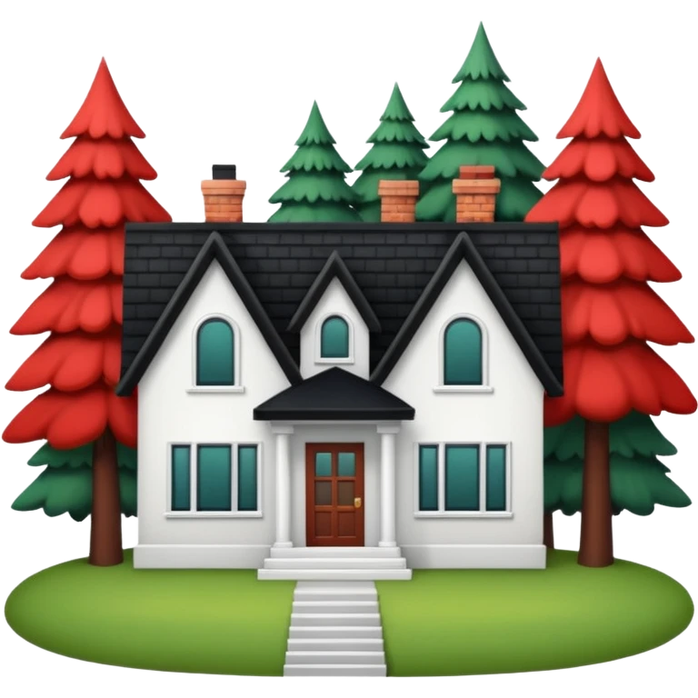 a one-story house with a forest background. The house is to have a white façade with red brick inserts.  the roof is to be black, gable. emoji