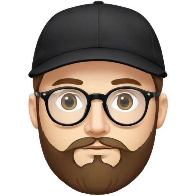 Um homem de blusa preta e boné de aba curvada preto, com oculos , olho puxado,pele branca, barba completa com pelos baixos  emoji