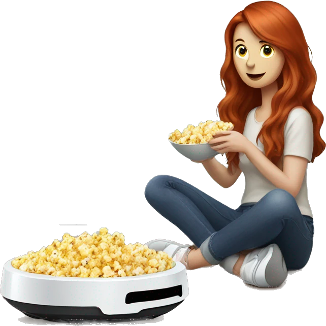A redhead lady with long hair eating popcorn sitting down watching a robot vacuum  emoji