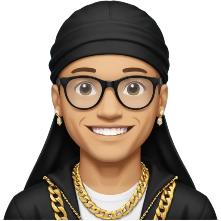 lightskin man with a black durag,a cuban link chain,glasses, and smiling flexing diamond studded teeth  emoji