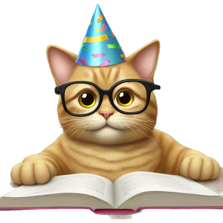 cat wearing glasses and a birthday hat studying emoji