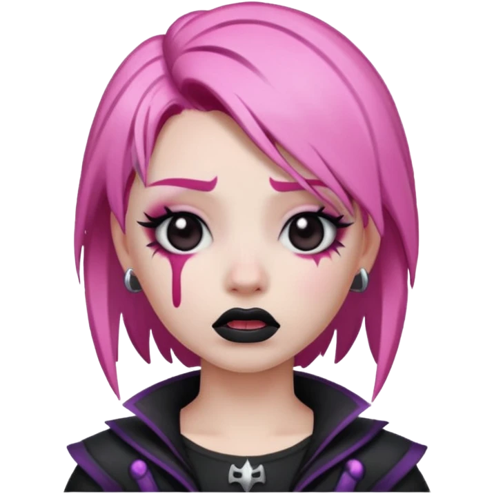 Twitch emoji style crying emoji inspired by Haze skin from Fortnite featuring pink hair, dark lipstick, and gothic accessories emoji