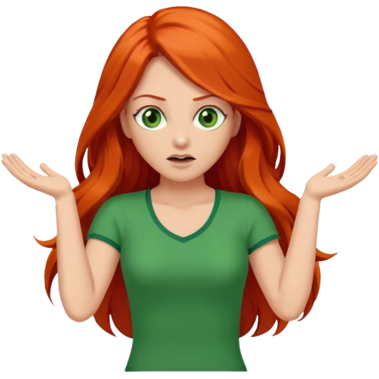 lady with long red hair, green eyes and orange top throwing arms in the as if confused emoji