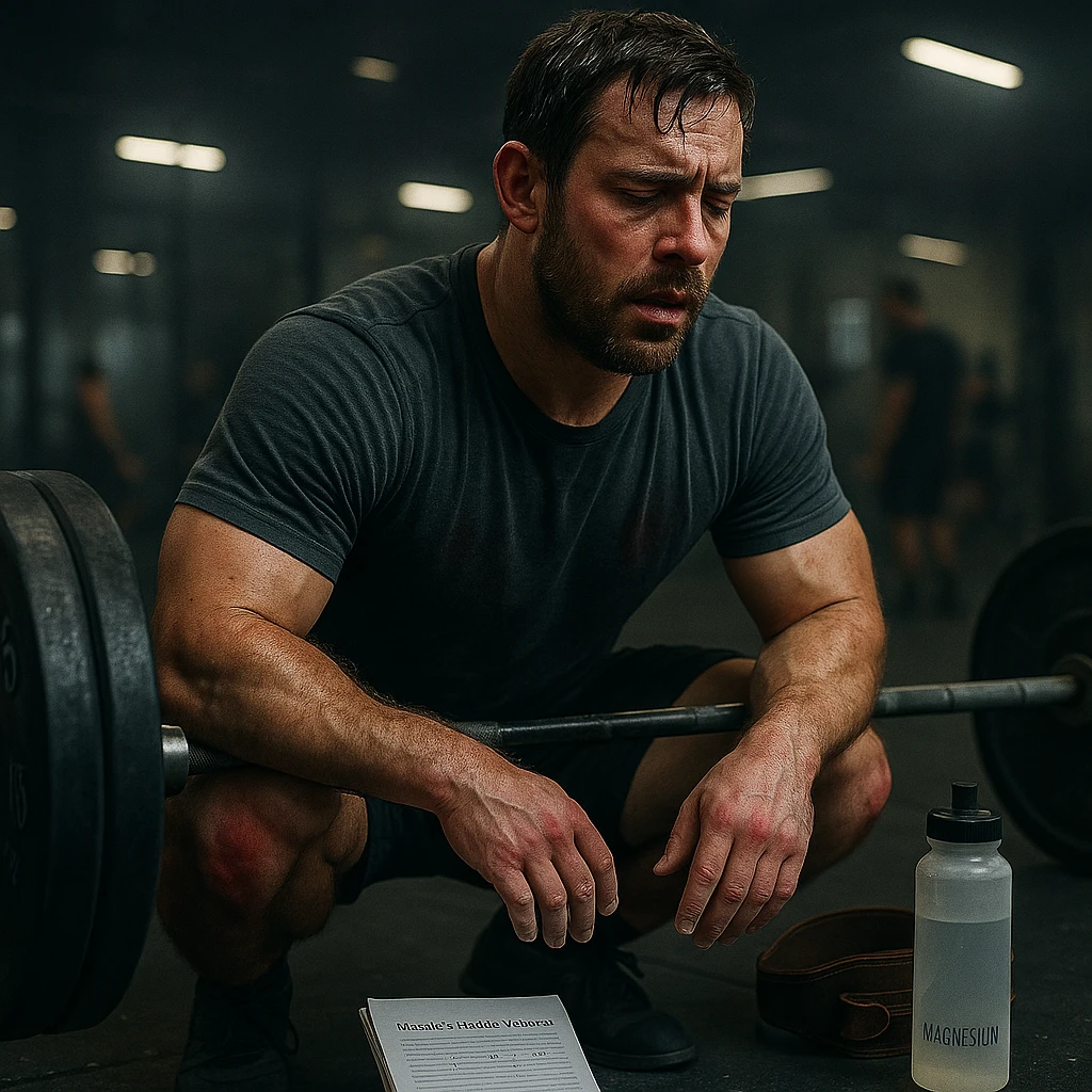 Inspired by the provided image, depict an athletic approximately 30-year-old man doing a heavy deadlift, abundant sweat, hands with chalk, diary nearby, dark circles and redness on joints. On the floor: water bottle, magnesium, belt. Background: blurred gym with cold lighting. Cinematic realism. emoji