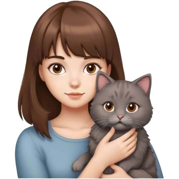 a girl with fair skin and brown hair with bangs holds a gray fluffy cat in her hands emoji