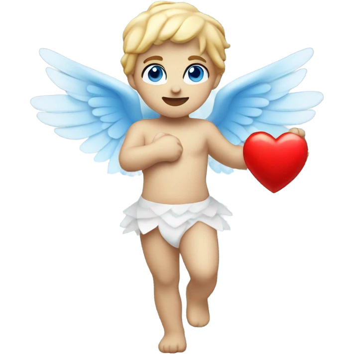 Realistic Photo of flying pale cupid with blue eyes and red heart arrow  emoji