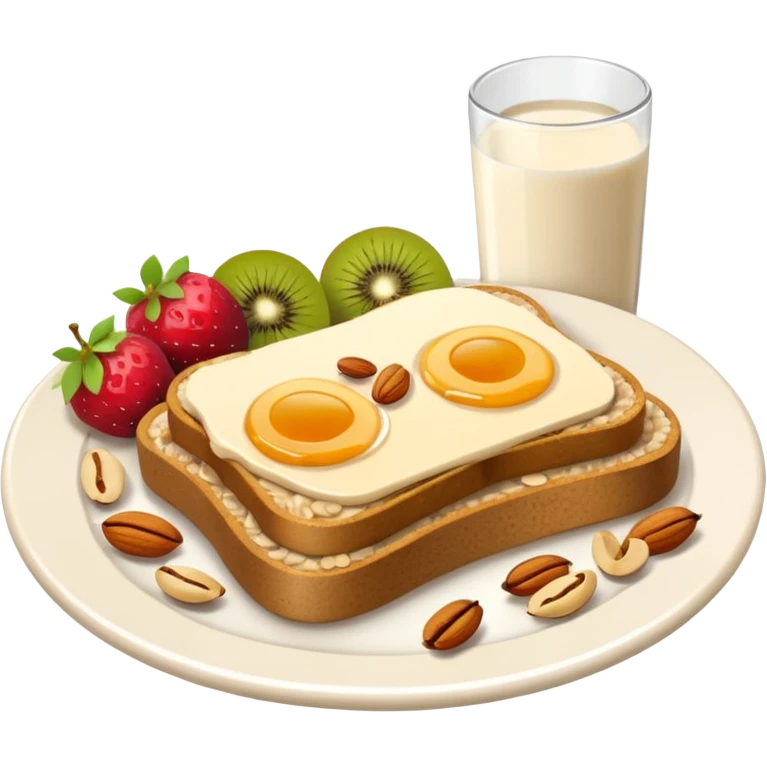Vegetarian breakfast emoji illustration, flat iOS emoji style, toast, fruits, oatmeal, nuts, milk, no eggs, no meat, no fish, no non-vegetarian food, clean white background.” emoji
