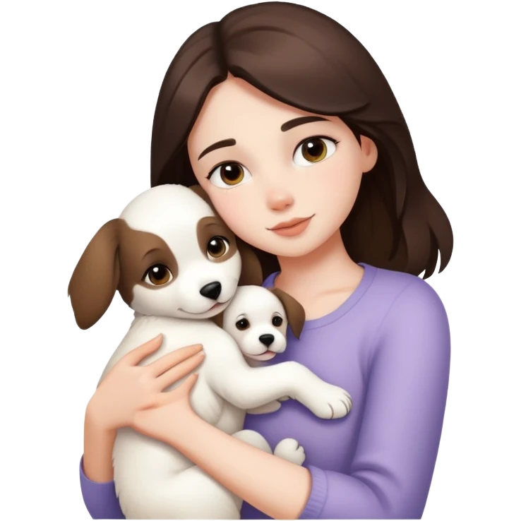 One brunette girl hugging one white puppy  emoji