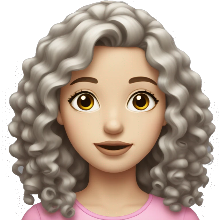 girl with pale skin, gray eyes, long curly brown hair with pink lips emoji