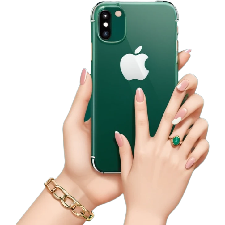female hand with nude manicure showing 5 fingers (pinky, ring, middle, index, thumb) holding a white iPhone in a dark green case, minimalism, emoji style emoji