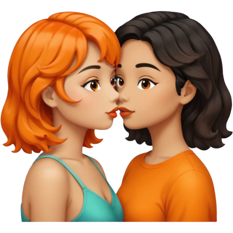 girls kissing one with tan skin and orange wavy bob one with light skin and long black wavy hair  emoji