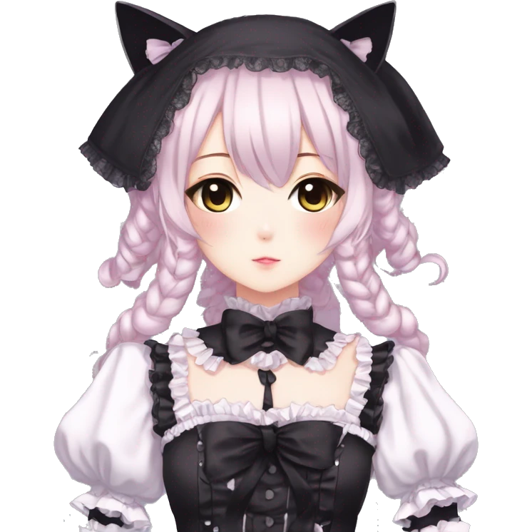 Gorgeous gothic Lolita anime style catgirl with blushing face with maid outfit laces headdress idol model kawaiicore pearly petite simplistic aesthetic trending style emoji