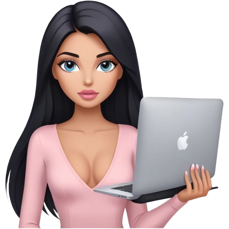 Glamours, tanned, very beautiful girl, with big pump peach-beige-rose lips, long lashes, black straight smooth silky long hair, straight parting hair, blue-grey eyes, in light-pink v-neck bodysuit holding MacBook emoji