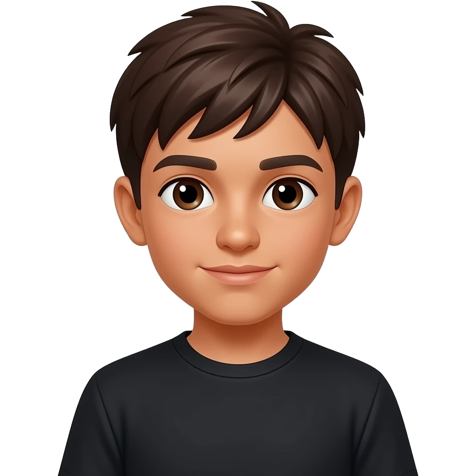 um menino de 13 anos com cara de 12, ele tem cabelo marrom escuro e pele morena, o olho dele  é castanho escuro e ele está usando uma camisa preta emoji