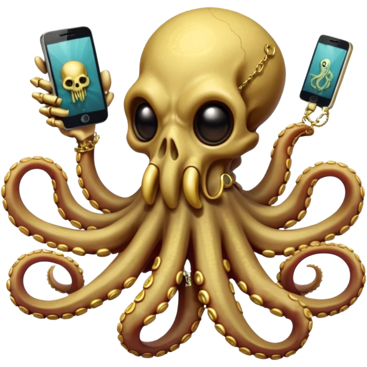 Intimidating octopus skeleton. Evil looking eyes, wearing a gold necklace. 3 tentacles are holding their own cellphone with one held to the side of its face as if its on a phone call, 2 other tentacles are holding stacks of money emoji