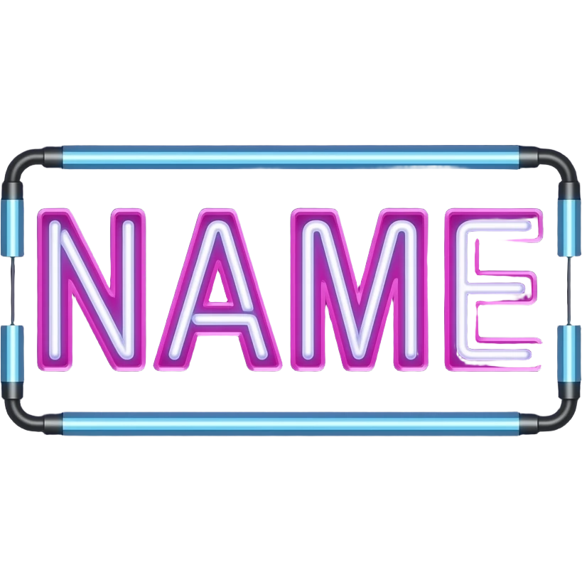 The word 'NAME' in futuristic block letters, glowing magenta and cyan neon tubes. Dark background with light trails, hyper-detailed, synthwave style, centered composition emoji
