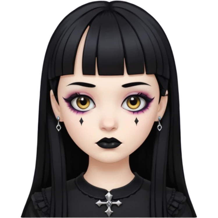 Faça uma moça de cabelo preto e micro franja pálida e com maquiagem gótica emoji