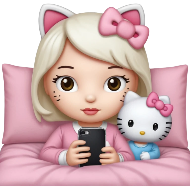 hello kitty tucked into bed on her phone emoji