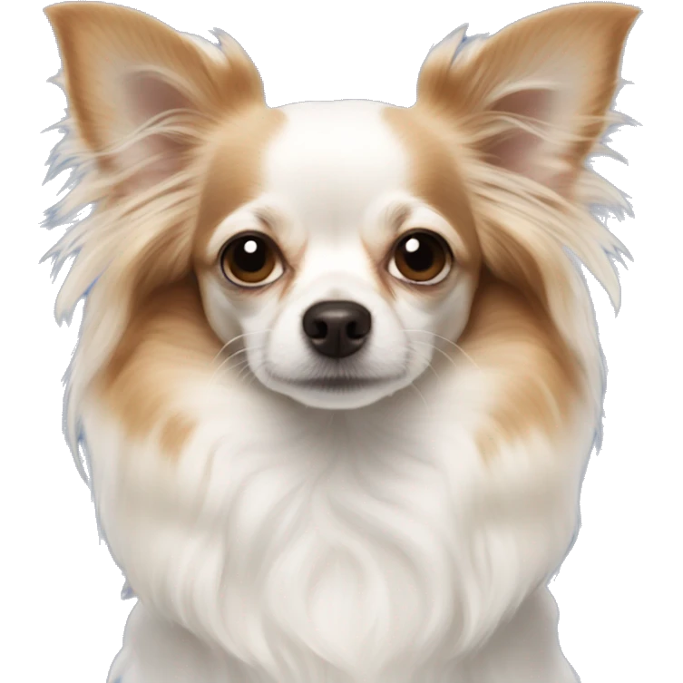 Long-haired white Chihuahua with reddish brown markings wearing royal blue pajamas emoji