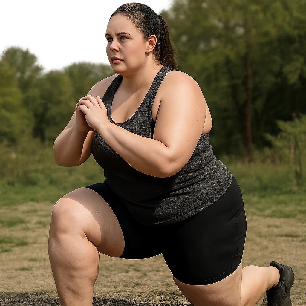 hyper realistic 4K woman training outdoors, fat on thighs and legs, normal physique, realistic details, natural background emoji